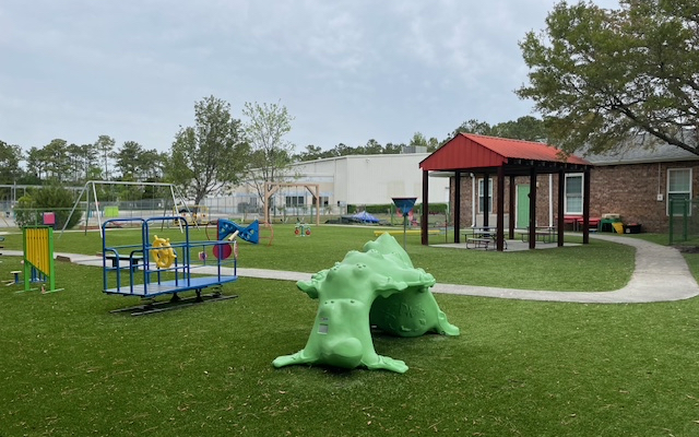 Children's outdoor playground at Quality Childcare Northchase with green turtle climber, merry-go-round, swings, and covered picnic area